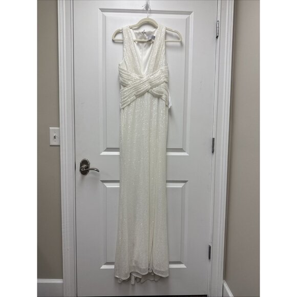 Mac Duggal Size 4 White 26598 V-Neck Sequin Wrap Waist Maxi Gown Wedding Bridal - Picture 4 of 12